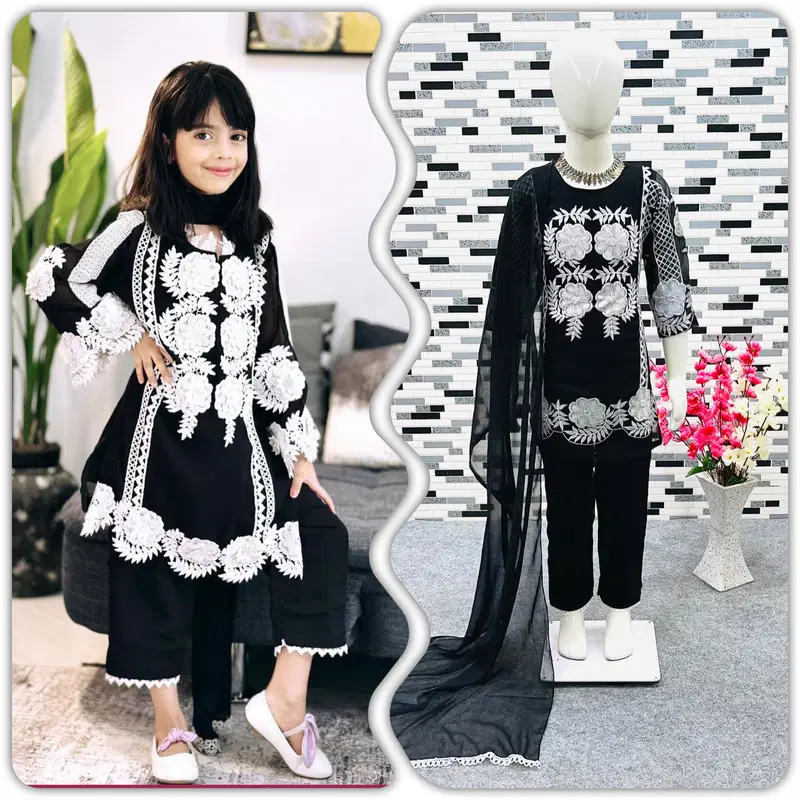 OC 141 Faux Georgette Embroidery Kids Girl Wear Kurti With Bottom Dupatta Wholesale Online